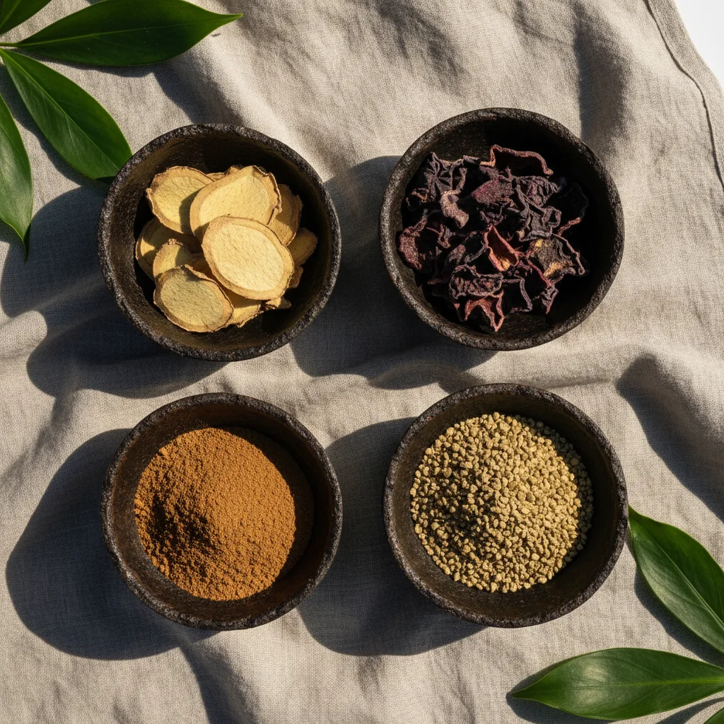 Four ceramic bowls with ginger root slices, garcinia cambogia, guaraná powder and green coffee extract - botanical ingredients in Wellaray Coffee