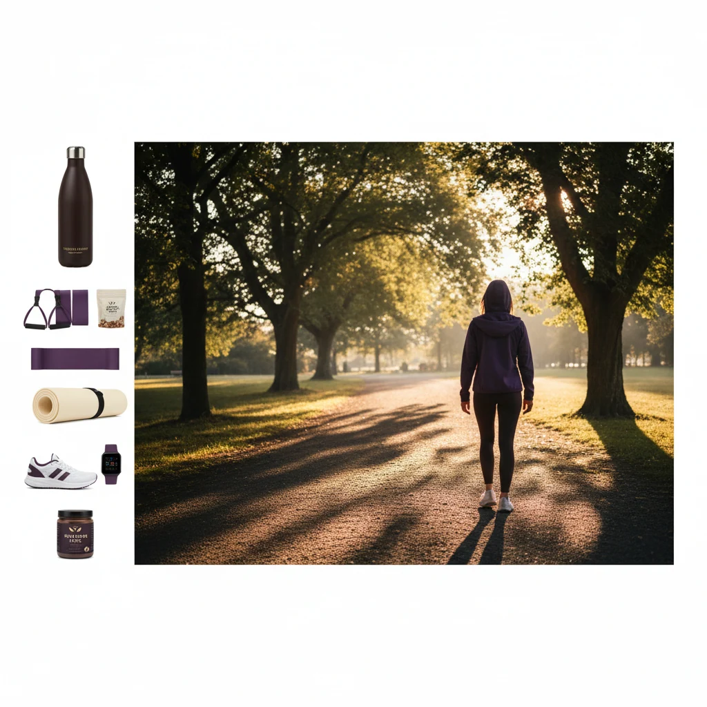 Anonymous person walking along a sunlit park path as part of an active morning lifestyle